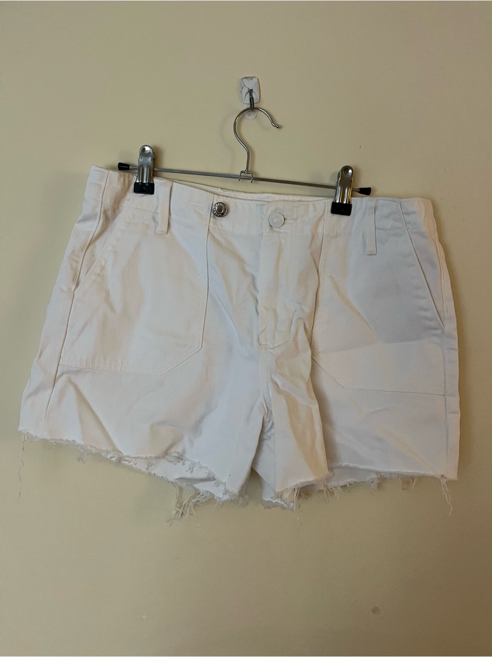 PAIGE White Frayed Hem Denim Shorts